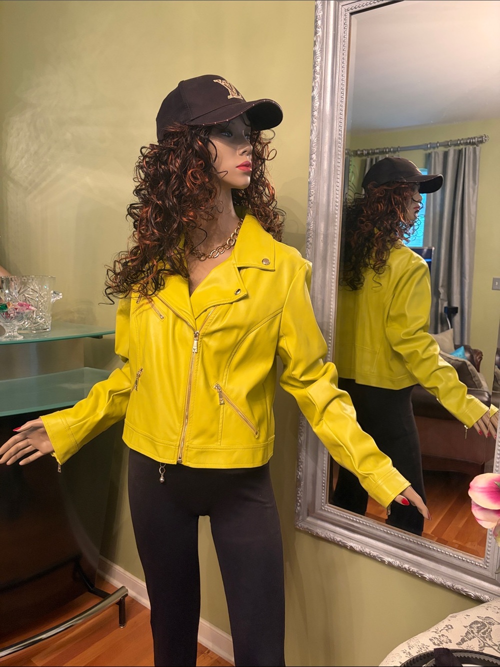 Women’s Guess Yellow Green Faux Leather Moto Jacket with Silver Hardware